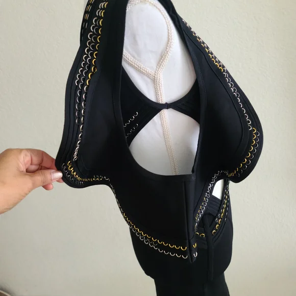 Herve Leger Black One-Shoulder Cutout Dress with Gold Trim - Picture 6 of 10